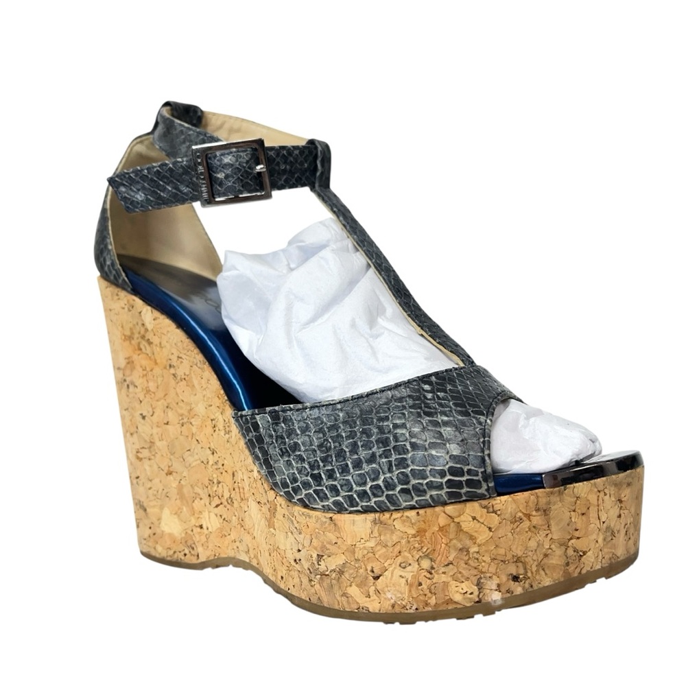 Jimmy Choo Navy Snakeskin Embossed Leather T-Strap Cork Wedge Sandals EU37 1/2